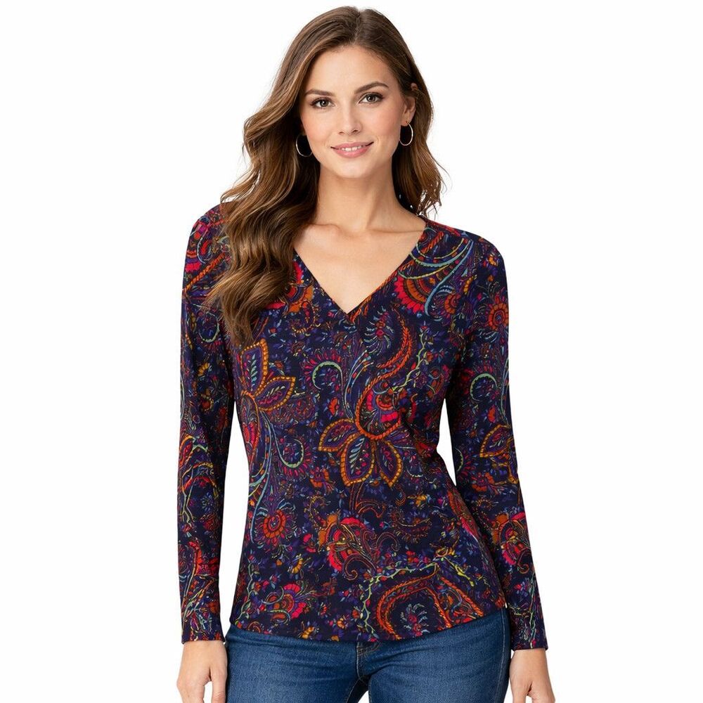 Coldwater Creek Shirt Womens Small Multicolor Paisley V Neck Long Sleeve Stretch